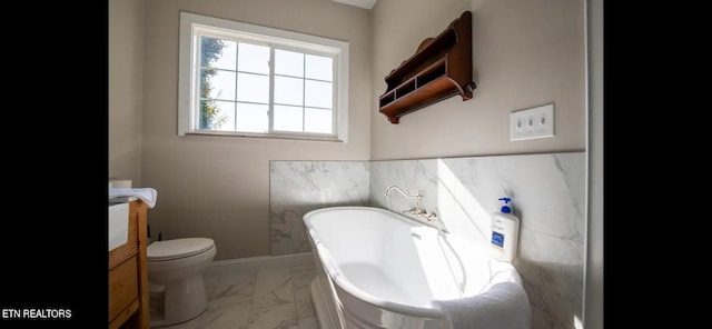 bathroom featuring toilet, vanity, and a tub