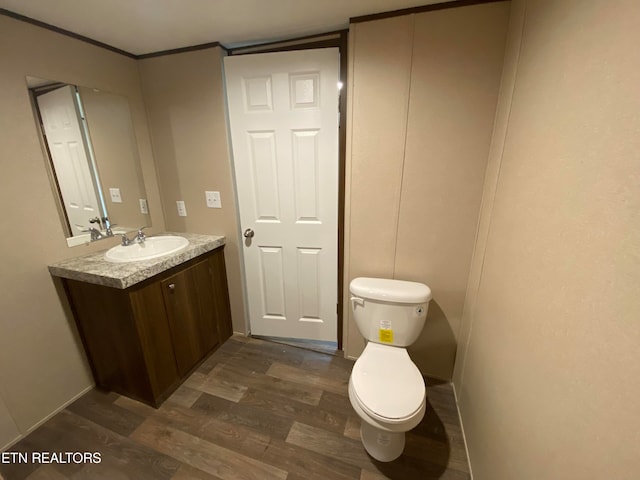 bathroom with hardwood / wood-style floors, vanity, and toilet