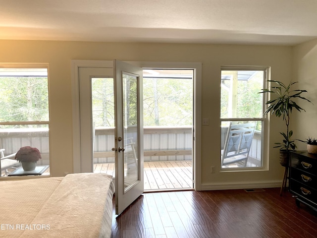 doorway to outside featuring visible vents, dark wood finished floors, and a wealth of natural light