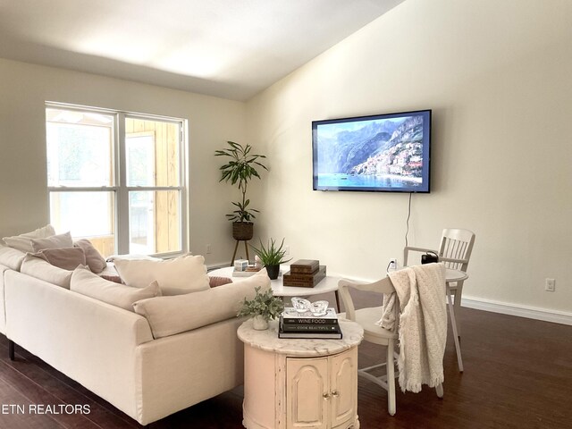 living area with lofted ceiling, dark wood finished floors, and baseboards