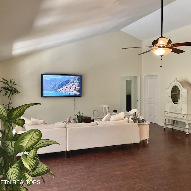 living area featuring high vaulted ceiling, a ceiling fan, and dark wood-type flooring