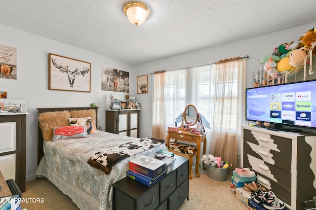 bedroom with carpet flooring and a textured ceiling