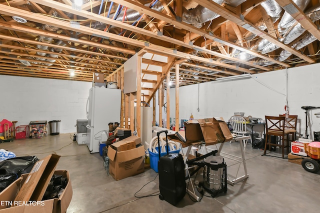 basement with white refrigerator