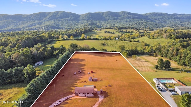 birds eye view of property with a mountain view and a rural view