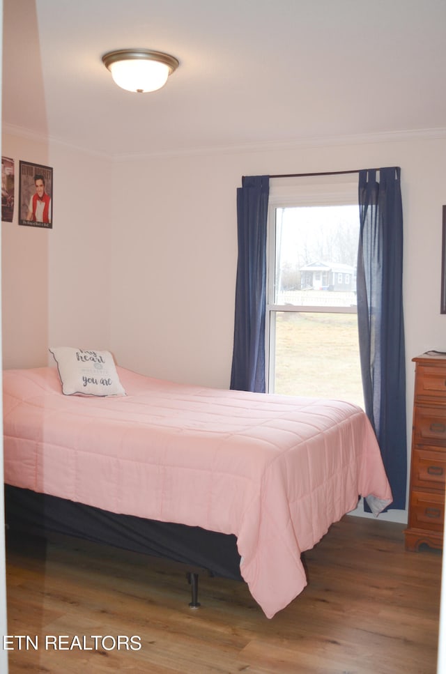 bedroom featuring wood-type flooring and ornamental molding