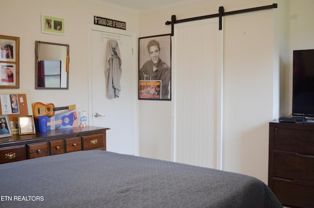 bedroom with a barn door, ornamental molding, and a closet