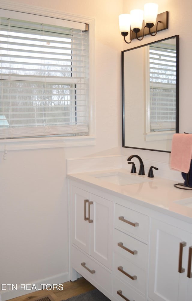 bathroom with vanity, a healthy amount of sunlight, and hardwood / wood-style flooring