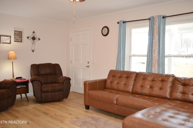 living room featuring light wood-type flooring and ornamental molding