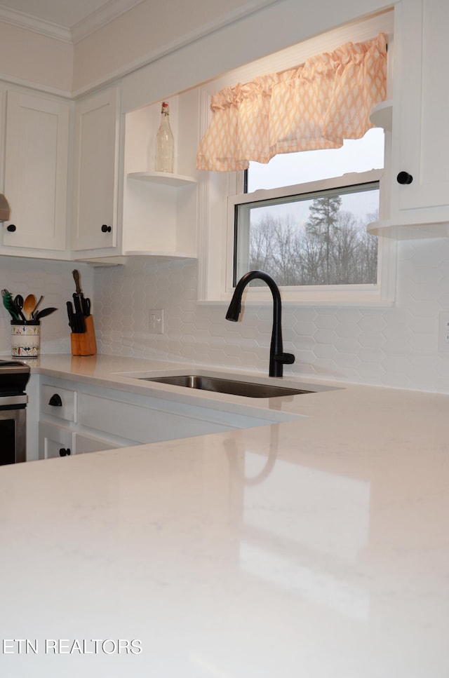 kitchen with ornamental molding, tasteful backsplash, sink, and white cabinets