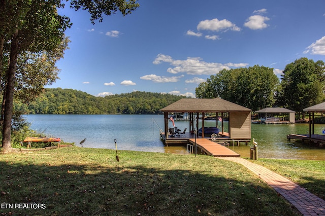 dock area featuring a water view and a yard