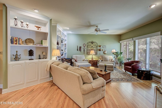 108 Waynoka Ln, Loudon, TN 37774 - living area featuring built in features, recessed lighting, a ceiling fan, and light wood finished floors