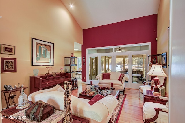 108 Waynoka Ln, Loudon, TN 37774 - living area with high vaulted ceiling, light wood-style flooring, and a ceiling fan