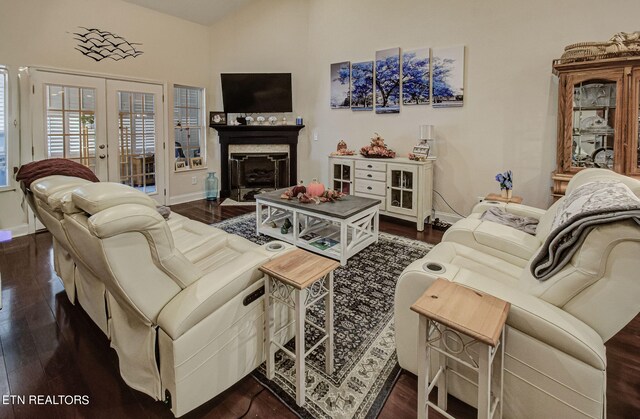 living room featuring french doors and dark hardwood / wood-style flooring