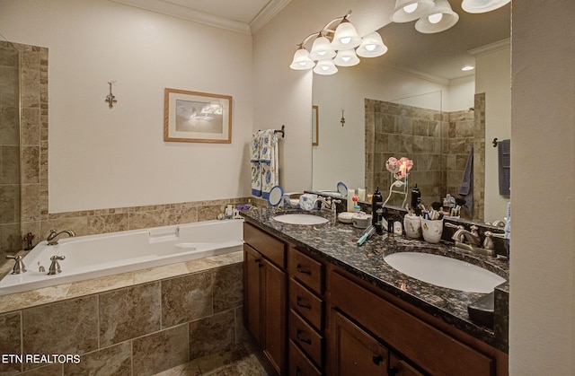 bathroom with shower with separate bathtub, crown molding, and vanity