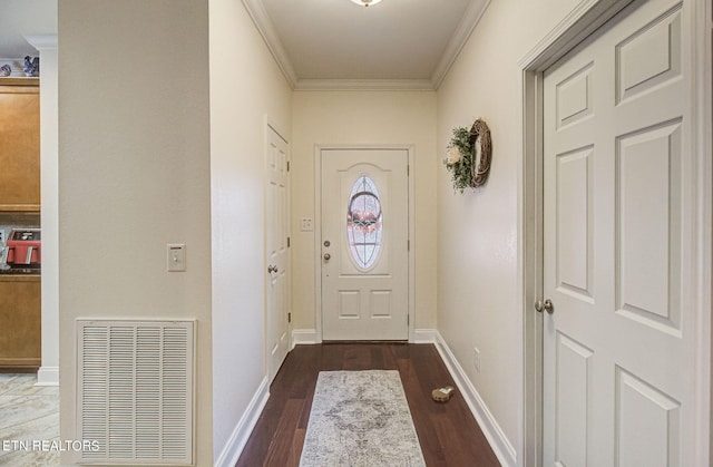 doorway to outside featuring visible vents, baseboards, crown molding, and dark wood-type flooring