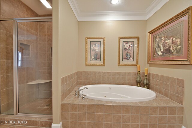 bathroom featuring crown molding and shower with separate bathtub