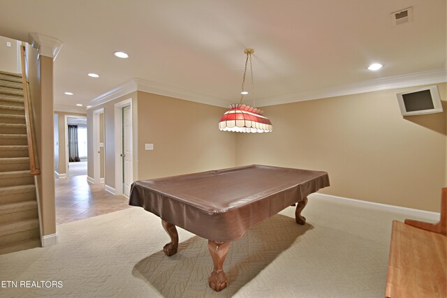 game room featuring billiards, light colored carpet, and crown molding