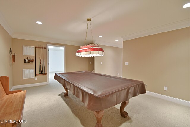 playroom featuring ornamental molding, pool table, and carpet floors