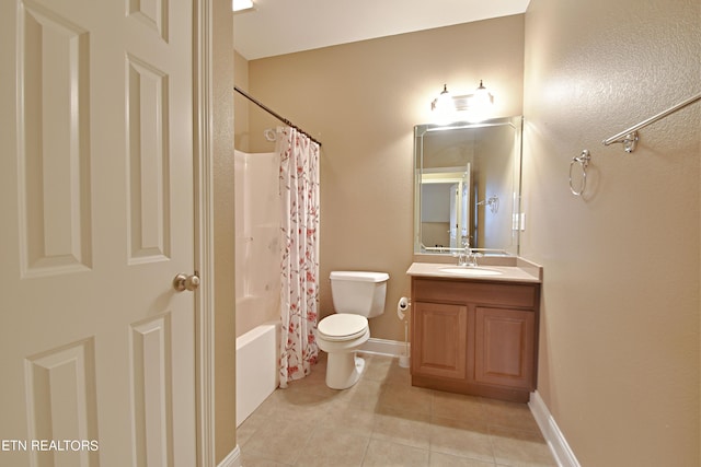 full bathroom with vanity, toilet, tile patterned flooring, and shower / bathtub combination with curtain