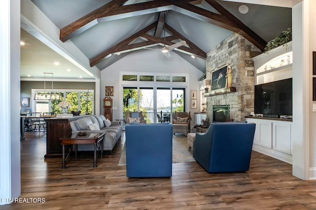 living room featuring a fireplace, high vaulted ceiling, ceiling fan, and dark hardwood / wood-style floors