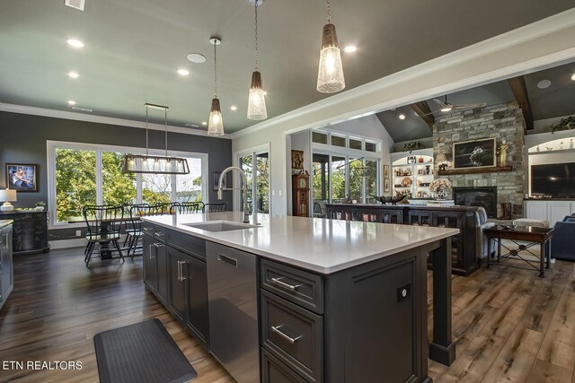 kitchen featuring dishwasher, vaulted ceiling, sink, an island with sink, and a stone fireplace