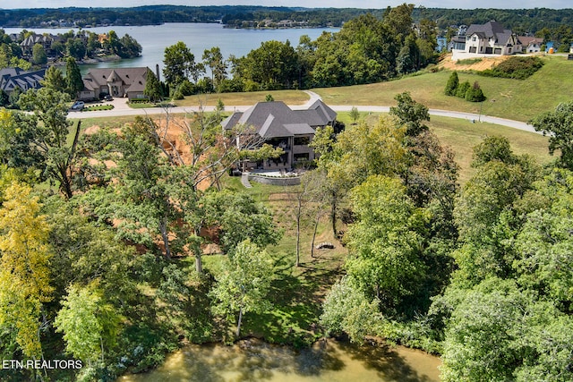 drone / aerial view with a water view