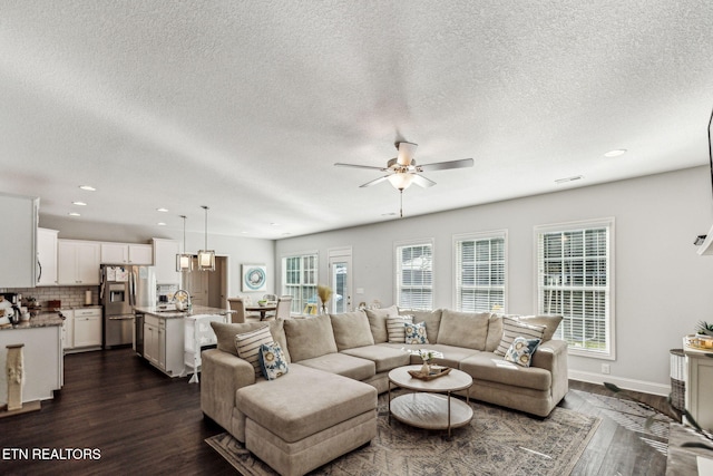 living room with a wealth of natural light, dark hardwood / wood-style flooring, ceiling fan, and a textured ceiling