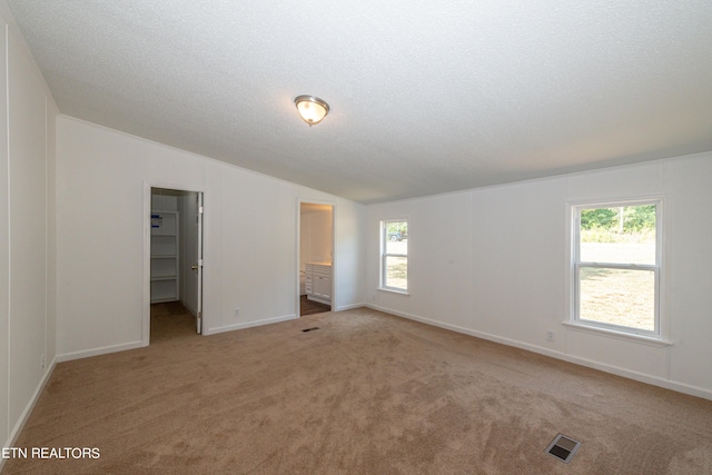 interior space featuring visible vents, lofted ceiling, carpet, and a spacious closet