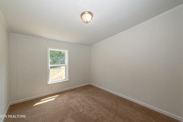 carpeted empty room with baseboards, a textured ceiling, and ornamental molding