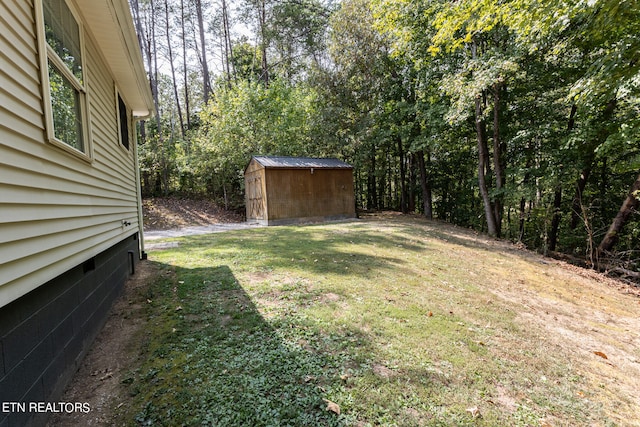 view of yard featuring a storage shed