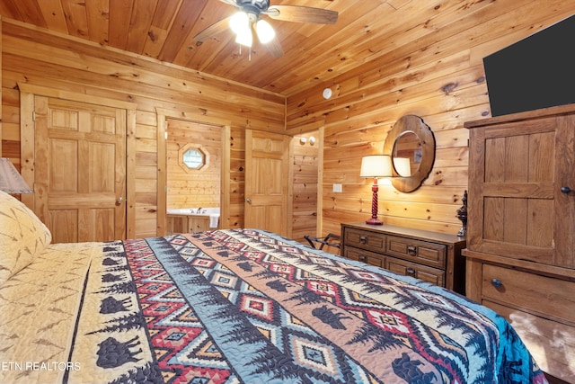 bedroom featuring wooden ceiling, ceiling fan, wooden walls, and ensuite bathroom