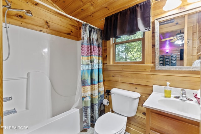 full bathroom featuring wooden walls, wood ceiling, toilet, shower / bath combination with curtain, and vanity