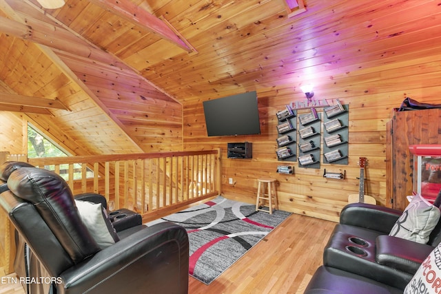 living room featuring wood ceiling, wood walls, wood-type flooring, and lofted ceiling with beams