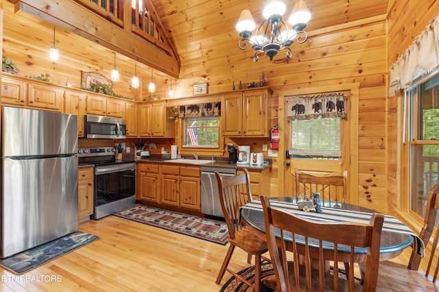 kitchen featuring a notable chandelier, wooden walls, light hardwood / wood-style flooring, stainless steel appliances, and hanging light fixtures