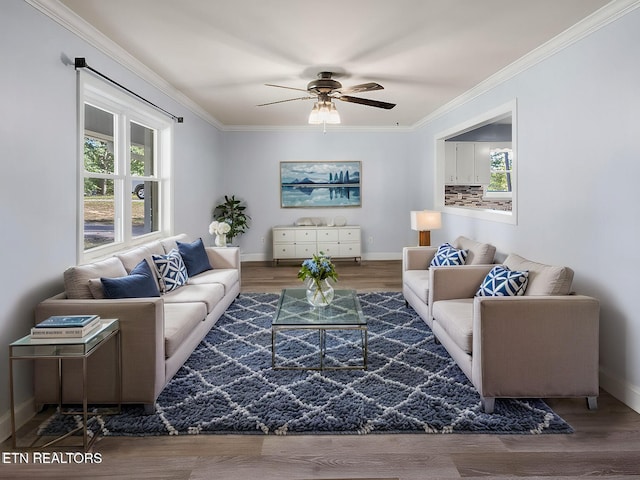 living room with crown molding, hardwood / wood-style floors, and ceiling fan