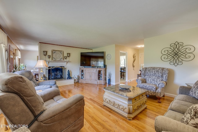 living room with light hardwood / wood-style floors and a fireplace