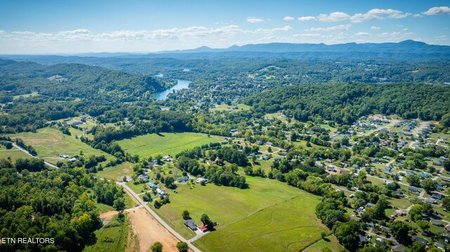 drone / aerial view featuring a water and mountain view