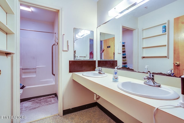 full bathroom featuring vanity, toilet, shower / tub combo, and tile patterned floors