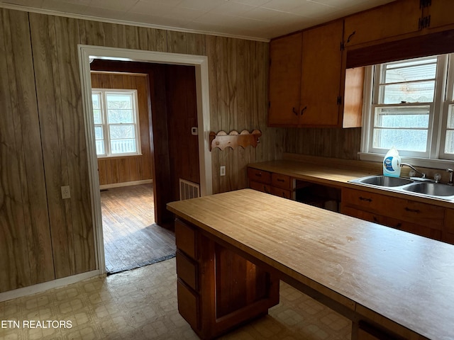 kitchen featuring brown cabinets, light countertops, a sink, and light floors