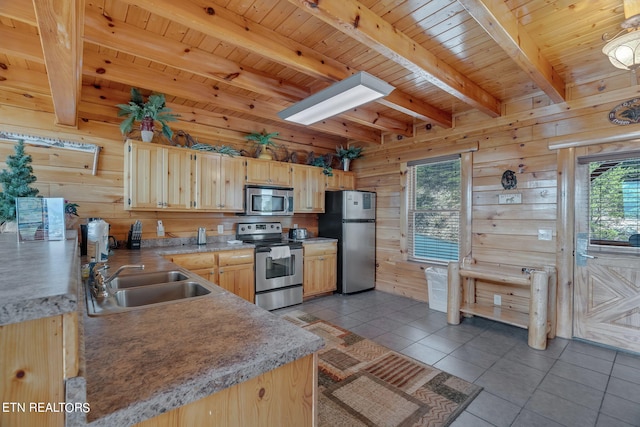 kitchen featuring wood walls, light brown cabinets, sink, wood ceiling, and stainless steel appliances