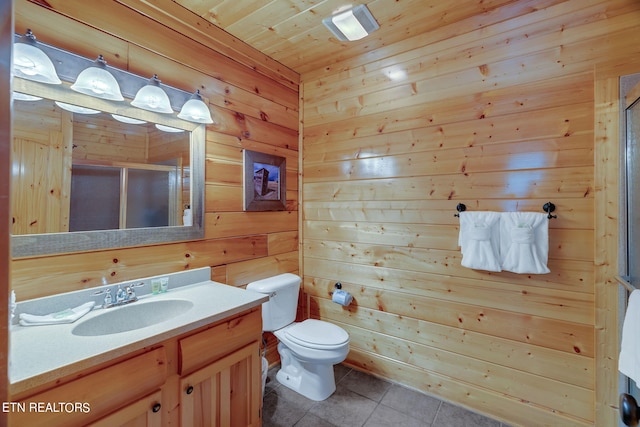 bathroom featuring tile patterned floors, wood walls, an enclosed shower, and wooden ceiling