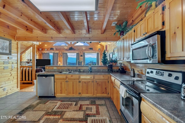 kitchen featuring wooden walls, beamed ceiling, wooden ceiling, and appliances with stainless steel finishes