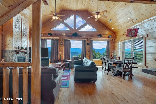 living room with light wood-type flooring, ceiling fan, wooden walls, high vaulted ceiling, and a fireplace