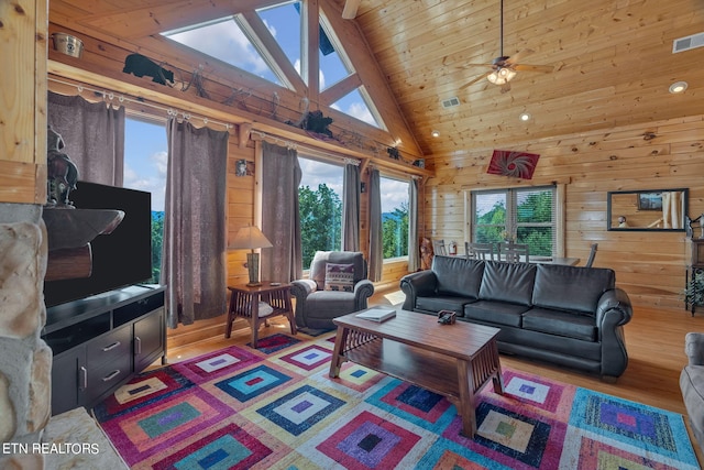 living room featuring ceiling fan, high vaulted ceiling, wood walls, hardwood / wood-style floors, and wood ceiling