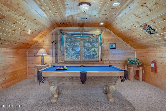 playroom featuring wood walls, carpet floors, vaulted ceiling, pool table, and wood ceiling