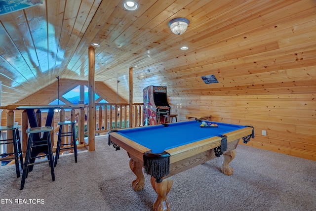 playroom with wooden walls, carpet, wood ceiling, and billiards