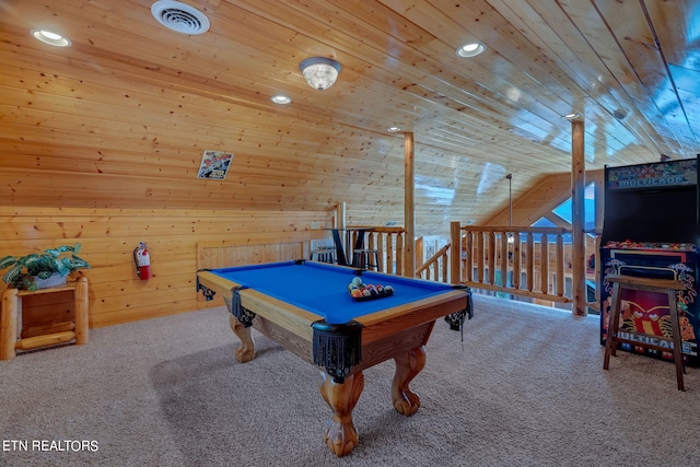 playroom featuring vaulted ceiling, pool table, wooden ceiling, carpet floors, and wood walls