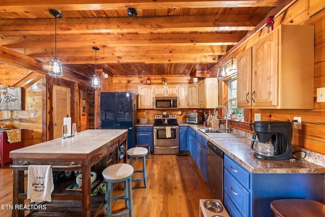 kitchen with beamed ceiling, light hardwood / wood-style flooring, wood walls, stainless steel appliances, and sink