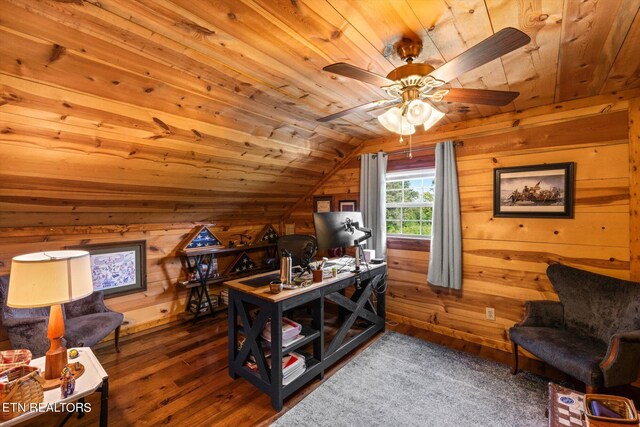 home office featuring wooden walls, vaulted ceiling, hardwood / wood-style floors, wood ceiling, and ceiling fan