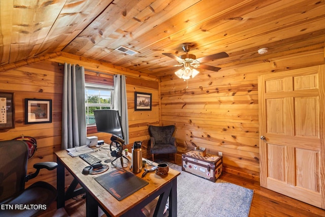 office with wooden ceiling, hardwood / wood-style floors, lofted ceiling, ceiling fan, and wooden walls